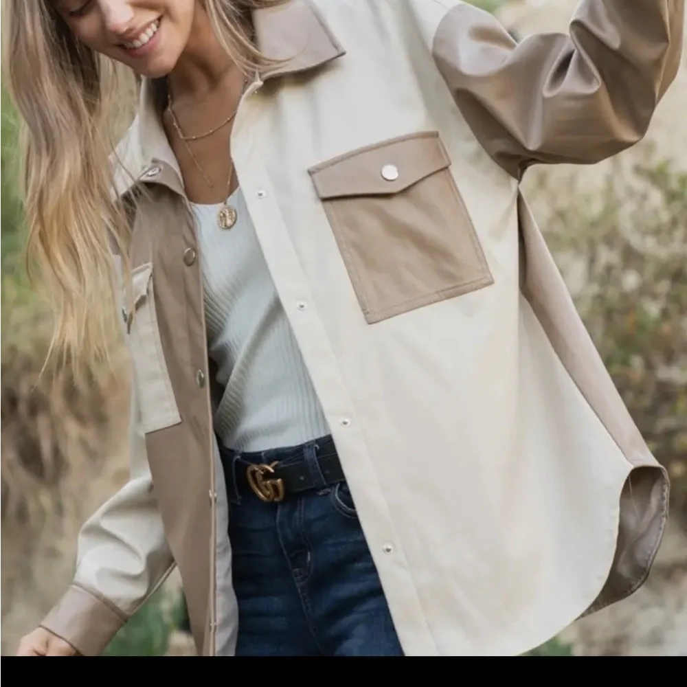 AndTheWhy Women's Colorblock Faux Leather Oversized Shacket Small Western